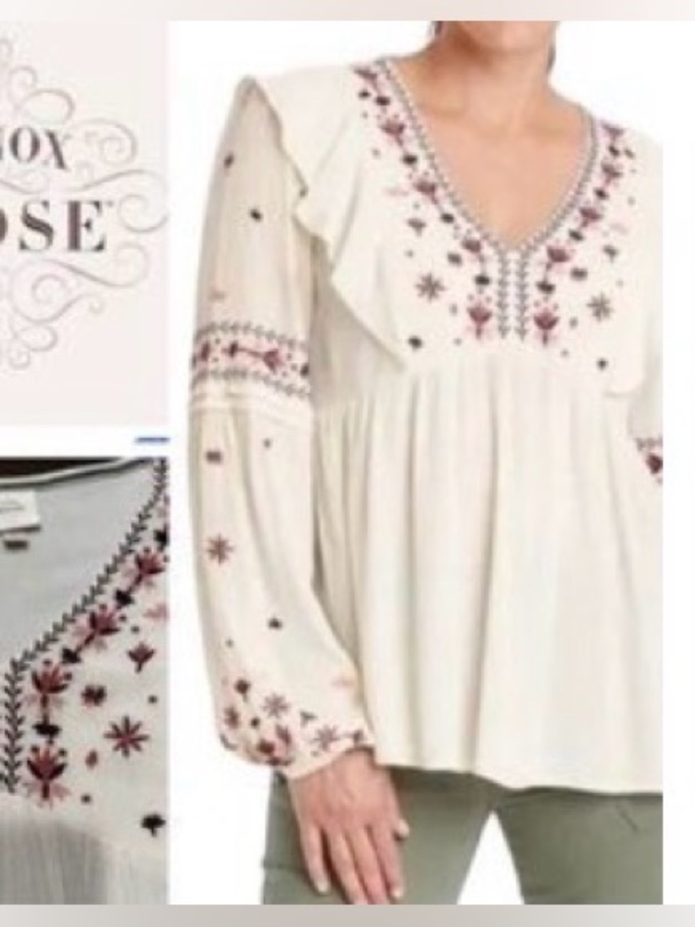 Embroidered Boho Peasant Blouse in Cream with Burgundy Accents